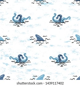 Cartoon Summer Sea Background for Kids. Vector Seamless Childish Pattern with Doodle Cute Shark Fins and Octopus Tentacles and Sea Waves