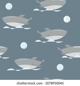 Cartoon Summer Sea Background for Kids. Vector Seamless Childish Pattern with Doodle Cute Shark Smiling Characters and Shark Fins, Sea Waves.
