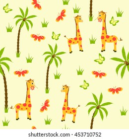 cartoon summer seamless pattern with giraffe, palm trees and butterfly, vector illustration