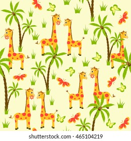 cartoon summer seamless pattern with giraffe, palm trees and butterfly, vector illustration