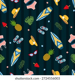 Cartoon verão sem costura padrão. Sorvete, roupas de verão e frutas e plantas exóticas.