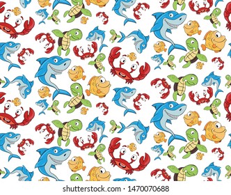 
Cartoon summer seamless pattern with sea animals fish crabs shark turtles vector