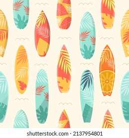 Cartoon summer seamless pattern with surfboard and tropical leaves. Sea surfing boards on waves. Beach vacation travel, surf vector print. Hawaiian textile design, summertime fabric