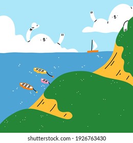 Cartoon summer seascape with cute clouds characters, boats and green hills, sunny vector illustration