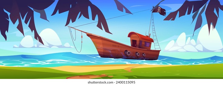 Cartoon summer seascape with pirate ship with black flag floating on sea or ocean water near shore covered with green grass with palm trees and blue sky with clouds. Corsair boat in lagoon near beach.