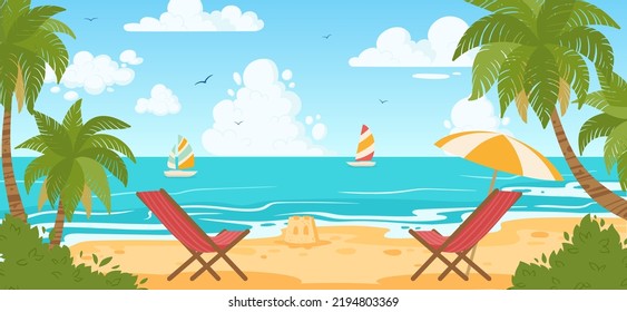 Cartoon summer seaside beach landscape. Nature paradise seashore view, tropical beach, palm tree and sky landscape flat vector illustration. Ocean view panorama