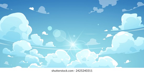 Cartoon summer sky. Landscape of bright sunny day with floating white cumulus clouds, outdoor scenery with blue sky background. Vector illustration of cloud landscape summer decoration