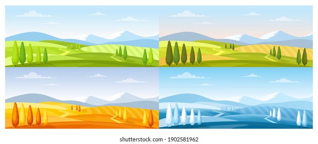 Caricatura verano primavera otoño invierno escenas con prado de praderas verdes, colinas de nieve azules, campos silvestres amarillos, paisaje panorámico fondo, paisaje de campo natural en cuatro estaciones