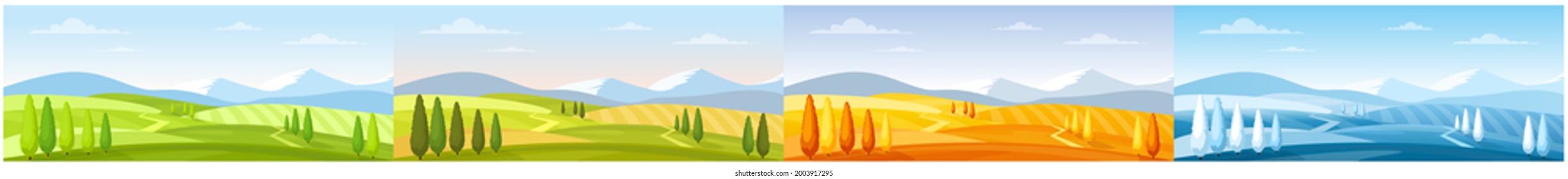 Cartoon Summer Spring Autumn Winter Scenes With Green Grassland Meadow, Blue Snow Hills, Yellow Wild Fields, Panorama Scenery Background.
