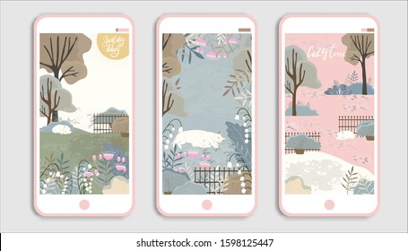 Cartoon Summer and spring, Cute set vector illustration of cat sleeping under the tree in the garden on sunny day, A nature landscape for a poster, card, flyer or banner on mobile phone template.