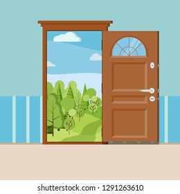 Cartoon summer or spring forest landscape wood door view. Sunny day scene with trees, fields, road, clouds. Vector background illustration in cartoon flat style.