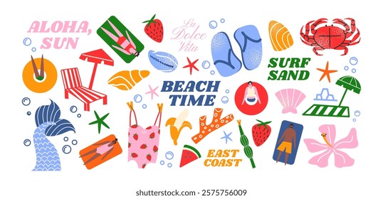 Cartoon summer stickers in retro 90s style. Summer party, vacation, beach season, shore, sun, swimwear. Bright groovy funky summer elements and shapes. Sticker pack of patches, labels, stamps
