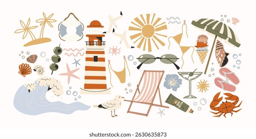 Cartoon summer stickers in retro 90s style. Summer party, vacation, beach season, shore, sun, swimwea, palm. Bright groovy funky summer elements and shapes. Sticker pack of patches, labels, stamps