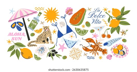 Cartoon summer stickers in retro 90s style. Summer party, vacation, beach season, shore, sun, swimwea, palm. Bright groovy funky summer elements and shapes. Sticker pack of patches, labels, stamps