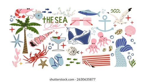 Cartoon summer stickers in retro 90s style. Summer party, vacation, beach season, shore, sun, swimwea, palm. Bright groovy funky summer elements and shapes. Sticker pack of patches, labels, stamps
