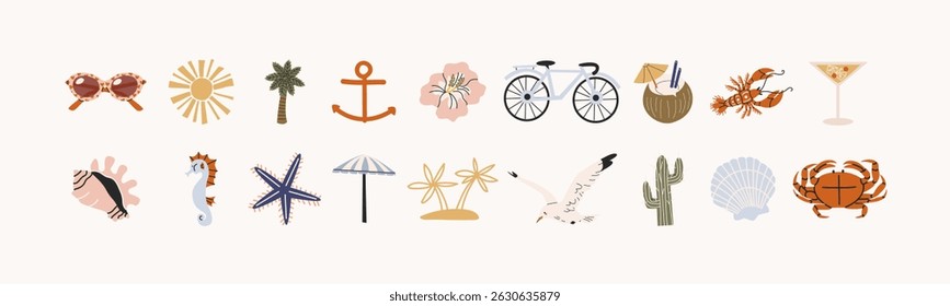 Cartoon summer stickers in retro 90s style. Summer party, vacation, beach season, shore, sun, swimwea, palm. Bright groovy funky summer elements and shapes. Sticker pack of patches, labels, stamps