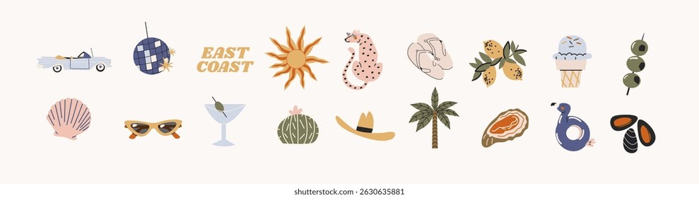 Cartoon summer stickers in retro 90s style. Summer party, vacation, beach season, shore, sun, swimwea, palm. Bright groovy funky summer elements and shapes. Sticker pack of patches, labels, stamps