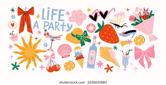 Cartoon summer stickers in retro 90s style. Summer party, vacation, beach season, shore, sun, swimwea, palm. Bright groovy funky summer elements and shapes. Sticker pack of patches, labels, stamps