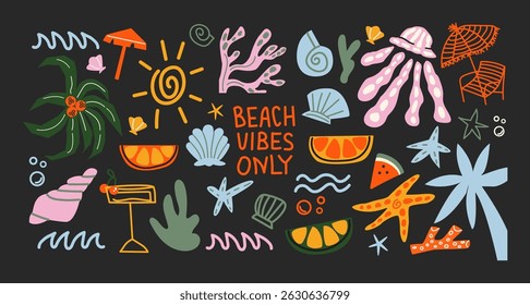 Cartoon summer stickers in retro 90s style. Summer party, vacation, beach season, shore, sun, swimwea, palm. Bright groovy funky summer elements and shapes. Sticker pack of patches, labels, stamps