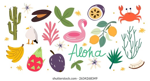 Cartoon summer stickers in retro 90s style. Summer party, summer fruits, sea ​​corals, vacation, beach season. Bright groovy summer elements. Vector patches, labels, stamps