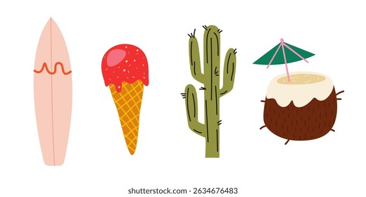 Cartoon summer stickers in retro 90s style. Bright groovy summer beach season elements. Vector patches, labels, stamps. Surfboard, ice cream, cactus, coconut cocktail