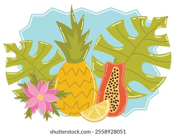 Cartoon summer still life with tropic fruits, Monstera leaves and flower. Blue frame. Pineapple and papaya.