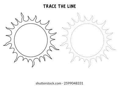 Cartoon summer sun clip art vector. Doodle summer sun coloring pages for kids. Trace and color sun. Happy sunny. Summer worksheets for kids activity printable.
