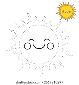 Cartoon summer sun clip art vector. Doodle summer sun coloring pages for kids. Trace and color happy sun. Happy sunny. Summer worksheets for kids activity printable.