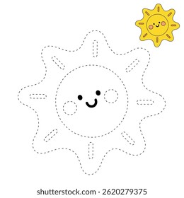 Cartoon summer sun clip art vector. Doodle summer sun coloring pages for kids. Trace and color sun. Happy sunny. Summer worksheets for kids activity printable.
