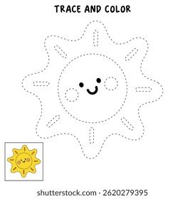 Cartoon summer sun clip art vector. Doodle summer sun coloring pages for kids. Trace and color sun. Happy sunny. Summer worksheets for kids activity printable.
