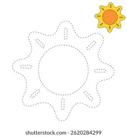 Cartoon summer sun clip art vector. Doodle summer sun coloring pages for kids. Trace and color sun. Happy sunny. Summer worksheets for kids activity printable.
