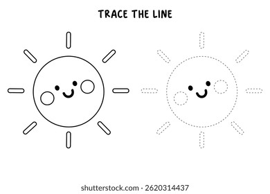 Cartoon summer sun clip art vector. Doodle summer sun coloring pages for kids. Trace and color sun. Happy sunny. Summer worksheets for kids activity printable.
