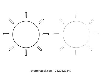 Cartoon summer sun clip art vector. Doodle summer sun coloring pages for kids. Trace and color sun. Happy sunny. Summer worksheets for kids activity printable.
