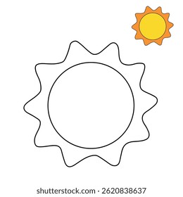 Cartoon summer sun clip art vector. Doodle summer sun coloring pages for kids. Trace and color sun. Happy sunny. Summer worksheets for kids activity printable.
