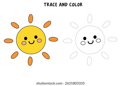 Cartoon summer sun clip art vector. Doodle summer sun coloring pages for kids. Trace and color sun. Happy sunny. Summer worksheets for kids activity printable.
