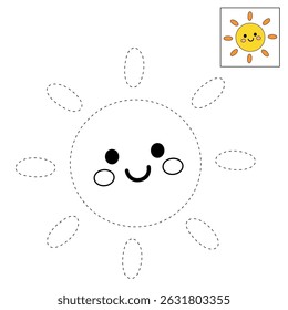 Cartoon summer sun clip art vector. Doodle summer sun coloring pages for kids. Trace and color sun. Happy sunny. Summer worksheets for kids activity printable.
