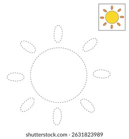 Cartoon summer sun clip art vector. Doodle summer sun coloring pages for kids. Trace and color sun. Happy sunny. Summer worksheets for kids activity printable.
