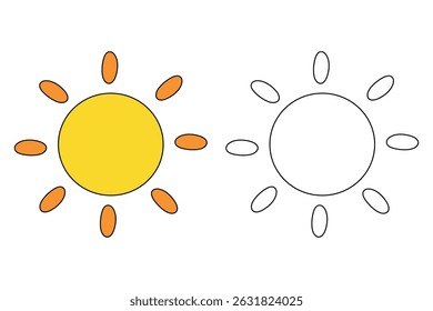Cartoon summer sun clip art vector. Doodle summer sun coloring pages for kids. Trace and color sun. Happy sunny. Summer worksheets for kids activity printable.
