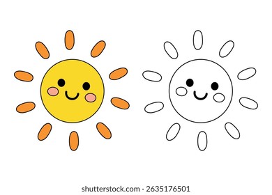Cartoon summer sun clip art vector. Doodle summer sun coloring pages for kids. Trace and color sun. Happy sunny. Summer worksheets for kids activity printable.
