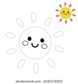 Cartoon summer sun clip art vector. Doodle summer sun coloring pages for kids. Trace and color sun. Happy sunny. Summer worksheets for kids activity printable.
