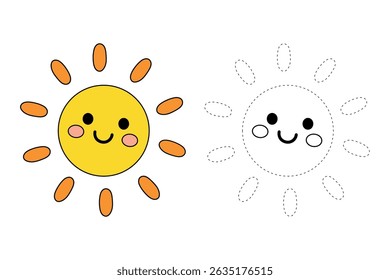 Cartoon summer sun clip art vector. Doodle summer sun coloring pages for kids. Trace and color sun. Happy sunny. Summer worksheets for kids activity printable.
