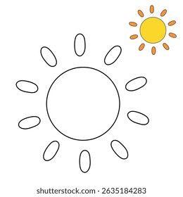 Cartoon summer sun clip art vector. Doodle summer sun coloring pages for kids. Trace and color sun. Happy sunny. Summer worksheets for kids activity printable.
