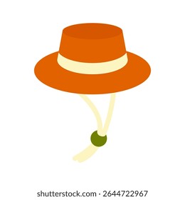 Cartoon Summer Sun Hat Icon — Bright orange sun hat with beige strap and olive green bead, drawn in flat cartoon style. Isolated illustration on white background.