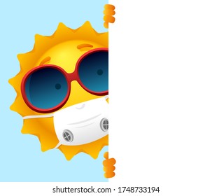 Cartoon summer sun looking blank board.Vector illustration of sun with sunglasses.