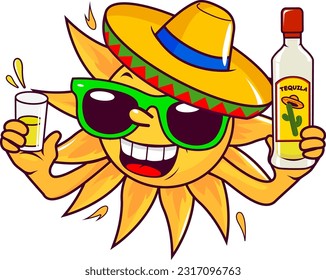 A cartoon summer sun with a sombrero and sunglasses, drinking a shot of tequila. Vector illustration