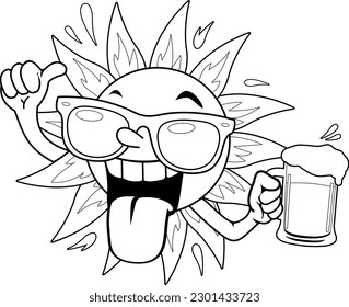 Viñeta de sol de verano con gafas de sol, bebiendo un vaso frío de cerveza. Página de color blanco y negro del vector