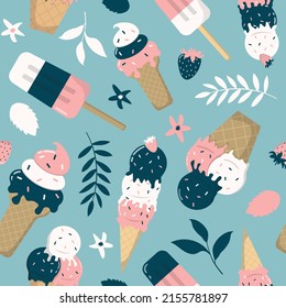 Cartoon summer sweet dessert, ice cream, leaves seamless pattern in pastel colors on blue background. Design with frozen creamy desserts, and waffle cones.