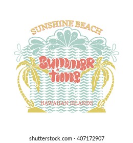 Cartoon Summer time lettering on the background of the islands, the ocean and palm trees.Graphic Design - for t-shirt, fashion, prints or banner