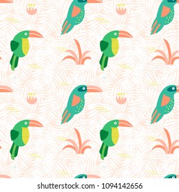 Cartoon summer toucan pattern. Vector illustration.