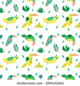 Cartoon summer toucan pattern. Vector illustration.